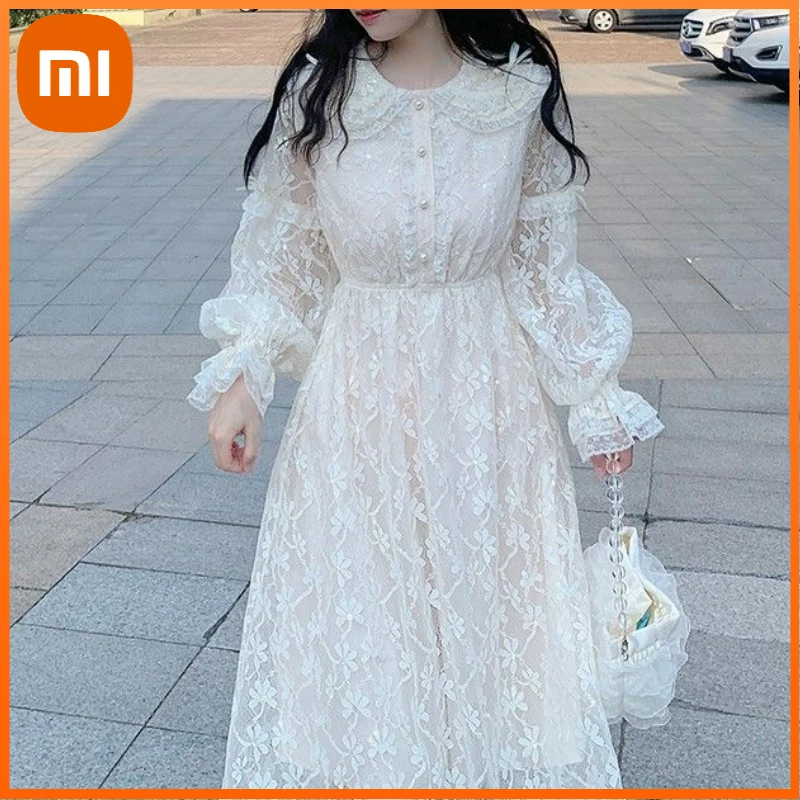 

Xiaomi Winter Lace Fairy Dress Women Sweet Flare Sleeve Casual Party Dress Female Elegant Slim Design Evening Vintage Dress
