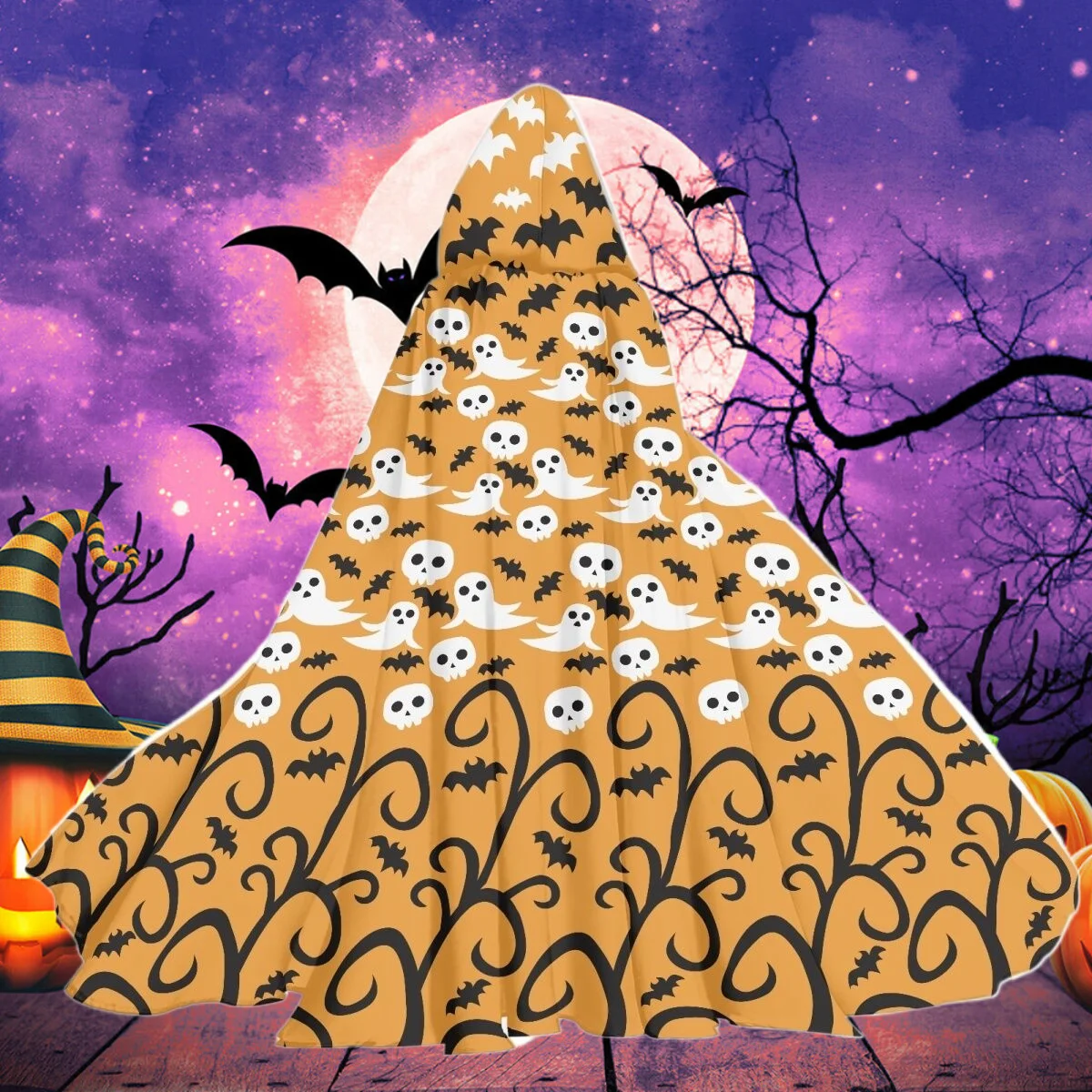

Ghost Bat Skeleton Gothic Print Strapped Cloak Women's Long Overcoat Autumn Comfort Cape for Men Halloween Cosplay Costume 2023
