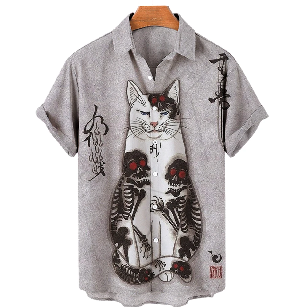 Japanese Style Shirt Bushido T-shirt Men's Shirt 3D Animal Cat Print Shirt Summer 2023