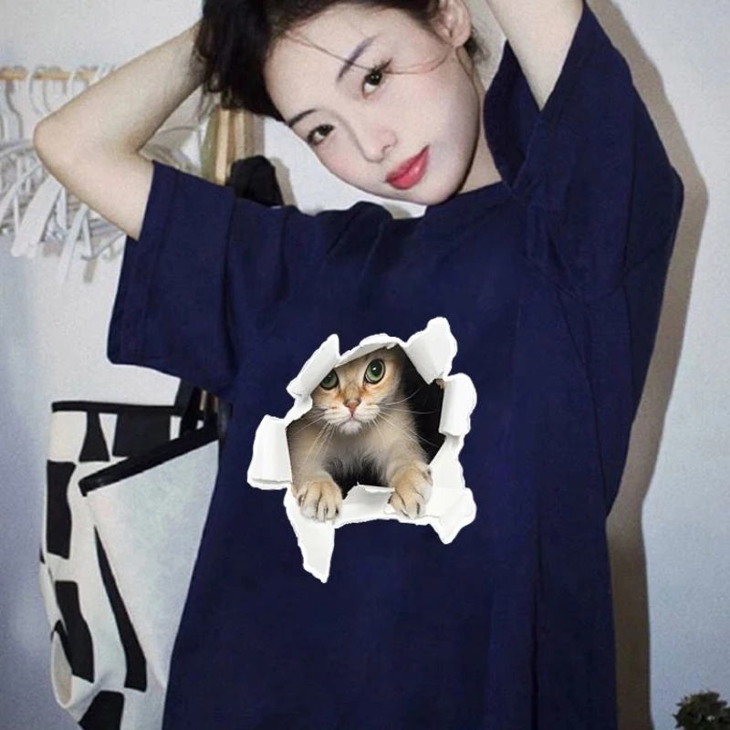 

EBAIHUI American Retro Women's T-shirt Ins Cute Cat Print Short Sleeve Ladies T Shirt Summer Loose Casual Round Neck Tee Top