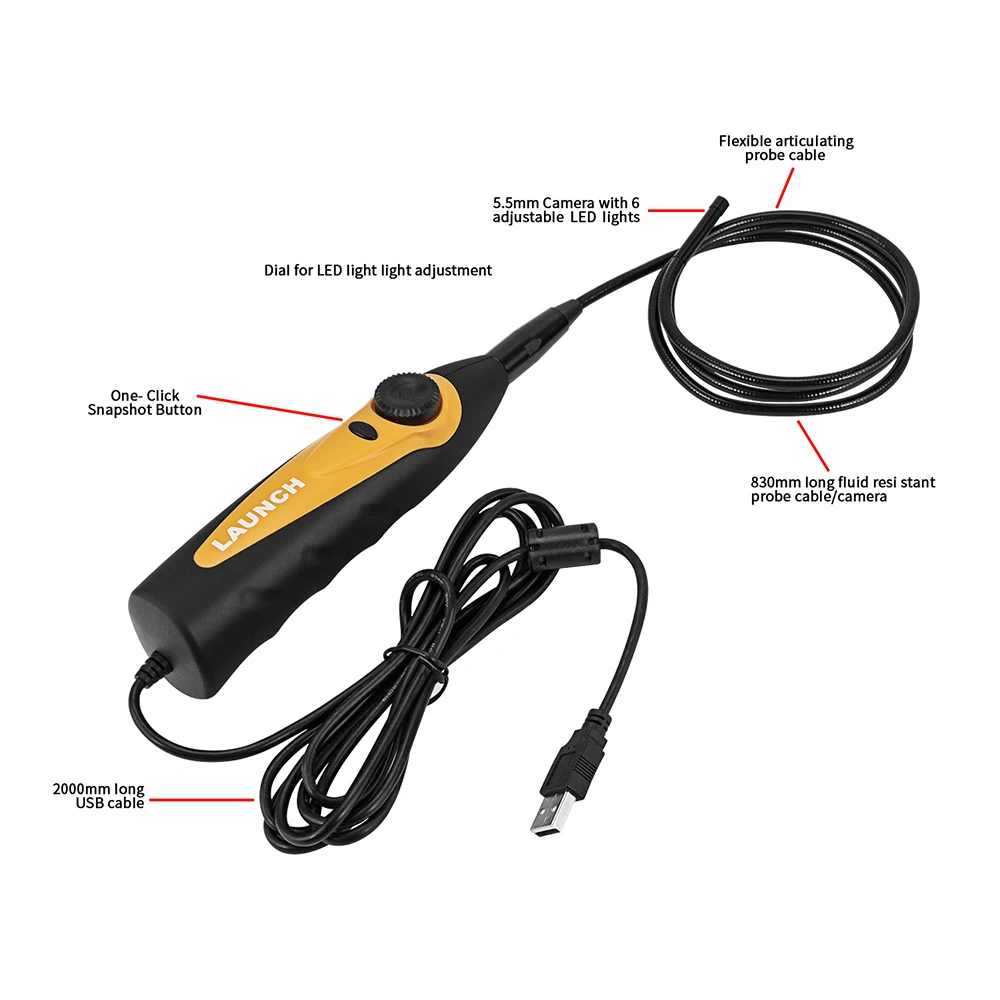 

HD IP67 Video Borescope Camera 2M Cable 6 Adjustable LED Light Micro USB Type C Video Inspection LAUNCH X431 VSP600