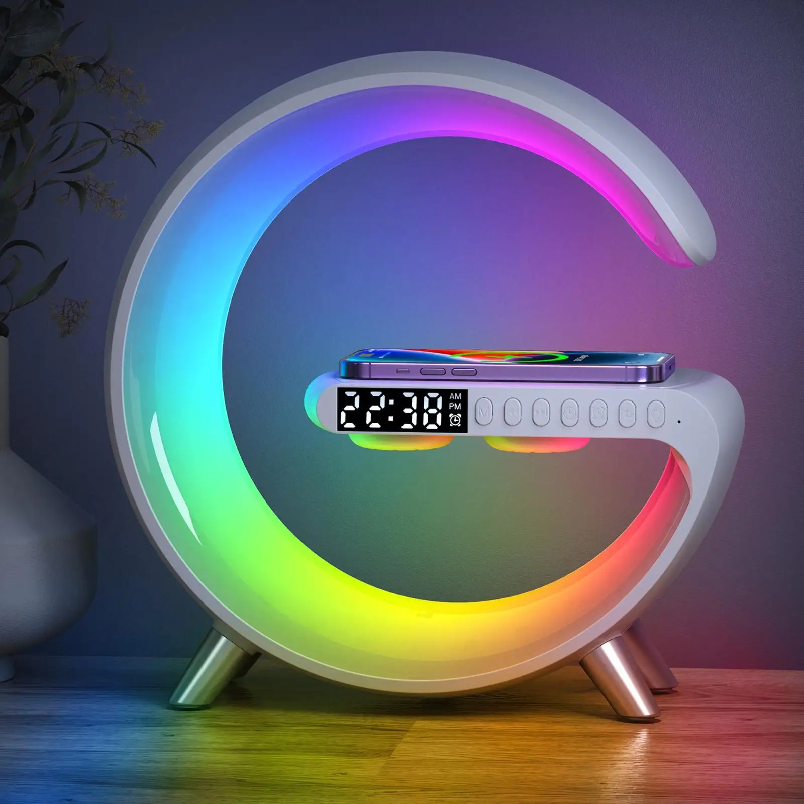 15W LED Atmosphere RGB Light Wireless Charger Alarm Clock Desk Lamp Bluetooth Audio With APP Control For IPhone 14 13 12 11 8