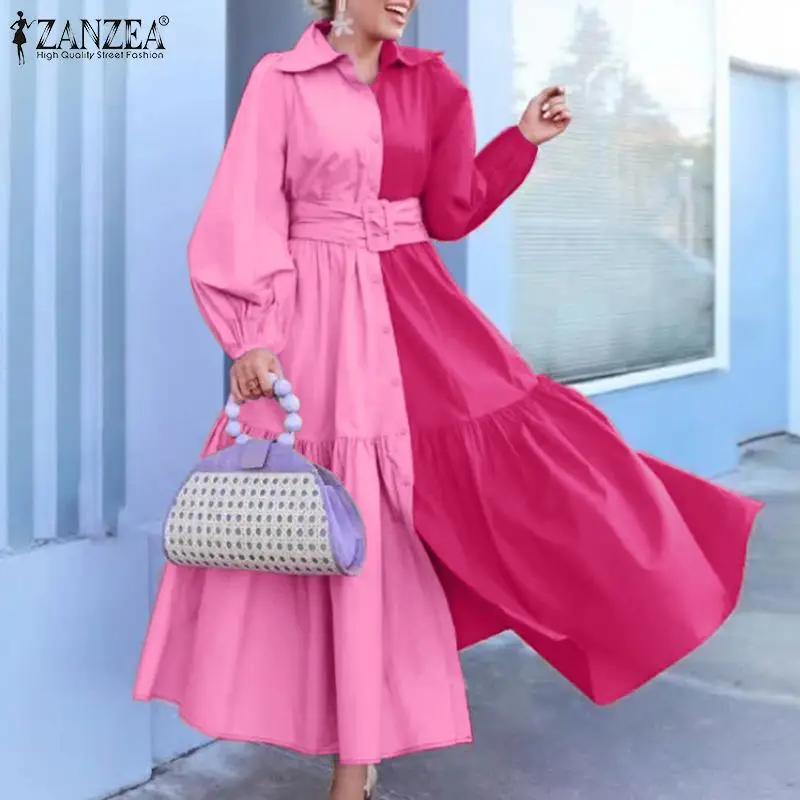 

ZANZEA Women Fashion Bohemian Shirt Dress 2021 Spring Long Sleeve Patchwork Maxi Dress Vestido Oversized Casual Solid Sundress 7