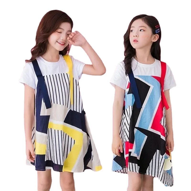 

Girls T-Shirt Dress Summer Kids Casual Short Sleeve Fashion Stripe Splicing Red Yellow Children's Clothing Student Dresses