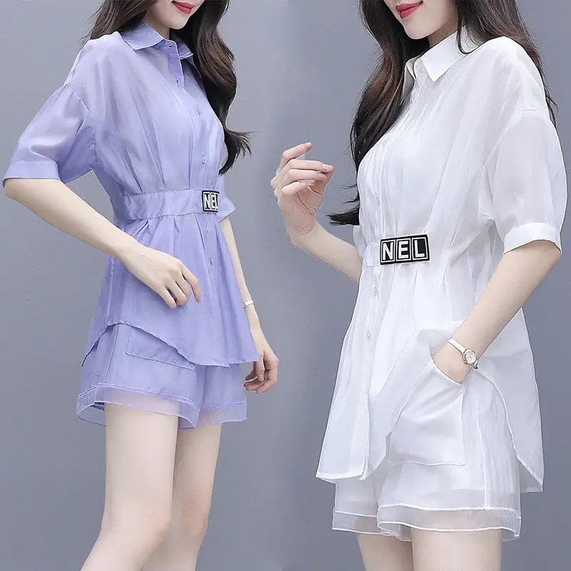 

Fashion slim suit women's Korean version summer 2022 new fashion two-piece shirt medium length women's wide leg pants and shorts