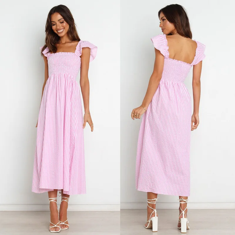 

European And American-Style2022Spring and Summer New Striped Sleeveless Ruffles Long Dress Women