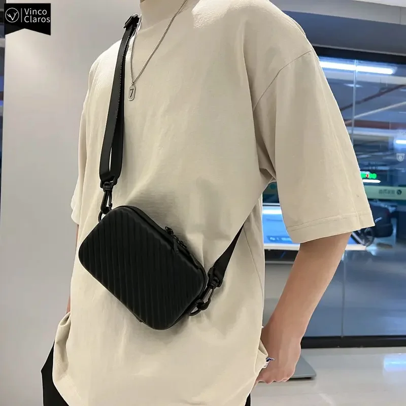 

Simple Lightweight Box Bag Unisex Trendy Diagonal Striped Shoulder Bag Soft PU Leather pressed shell Men's Messenger Bag