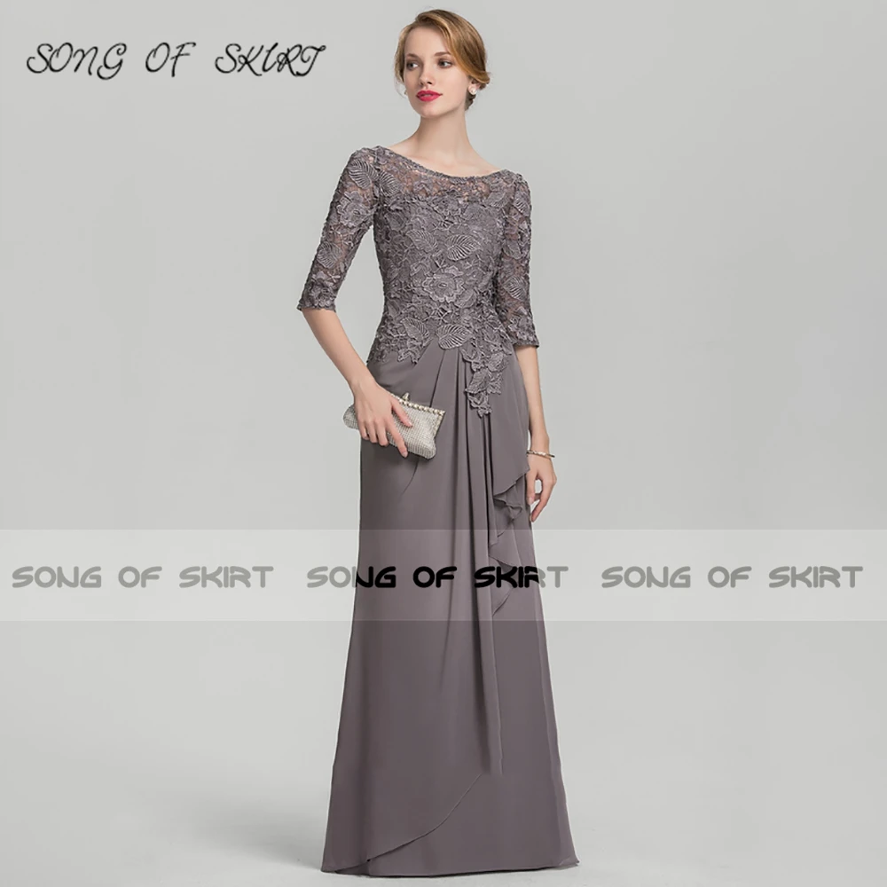 

Grey Mermaid Long Mother Of Bride Dresses Lace Chiffon O Neck Mom Wedding Guests Evening Formal Gown Robe De Soirée Femme