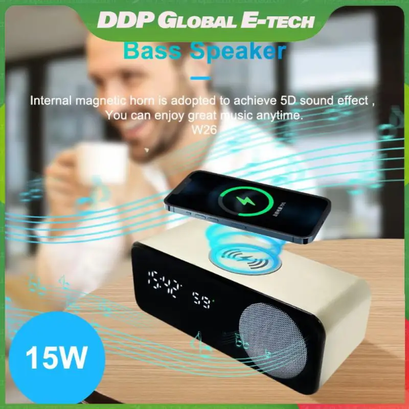 

Radio Wireless Charger Phone Holder Function Thermometer Super Bass W26 Bass Speakers Alarm Clock Sound Box For Bedroom Fm Radio