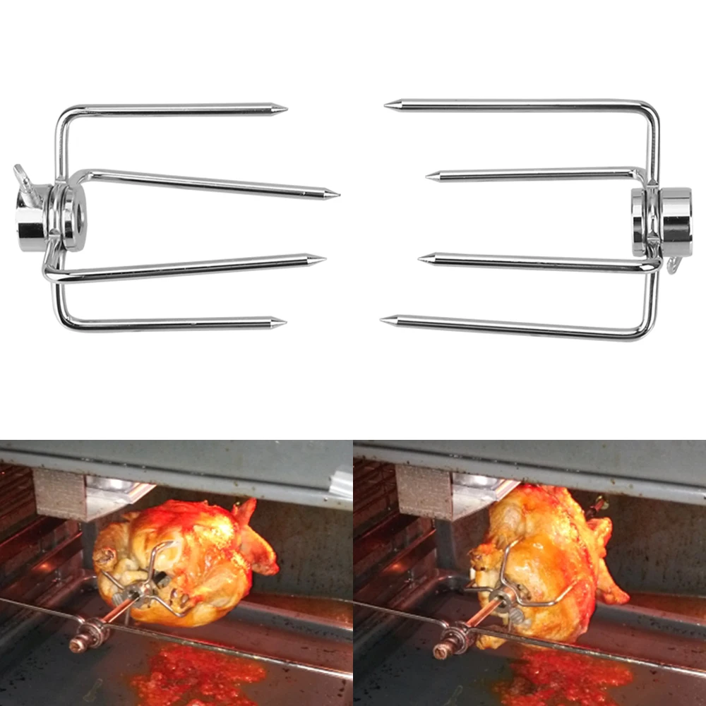 2pcs/set Stainless Steel Rotisserie Spit BBQ Forks for Picnic Charcoal Chicken Grill Rotisserie Meat Fork Barbecue Roast Tool