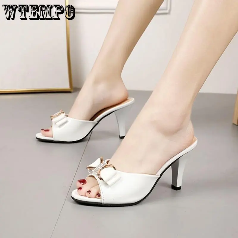 

Шлепанцы WTEMPO женские на высоком каблуке, летняя обувь в Корейском стиле, модные повседневные однотонные модные полубосоножки на шпильке с бантом, оптовая продажа