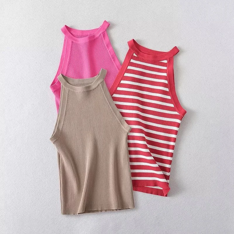 

2023 New Women Summer Basic Sleeveless Knitted Hanging Neck Top Fashion And Comfortable High Street Versatile Slim Fit Tops