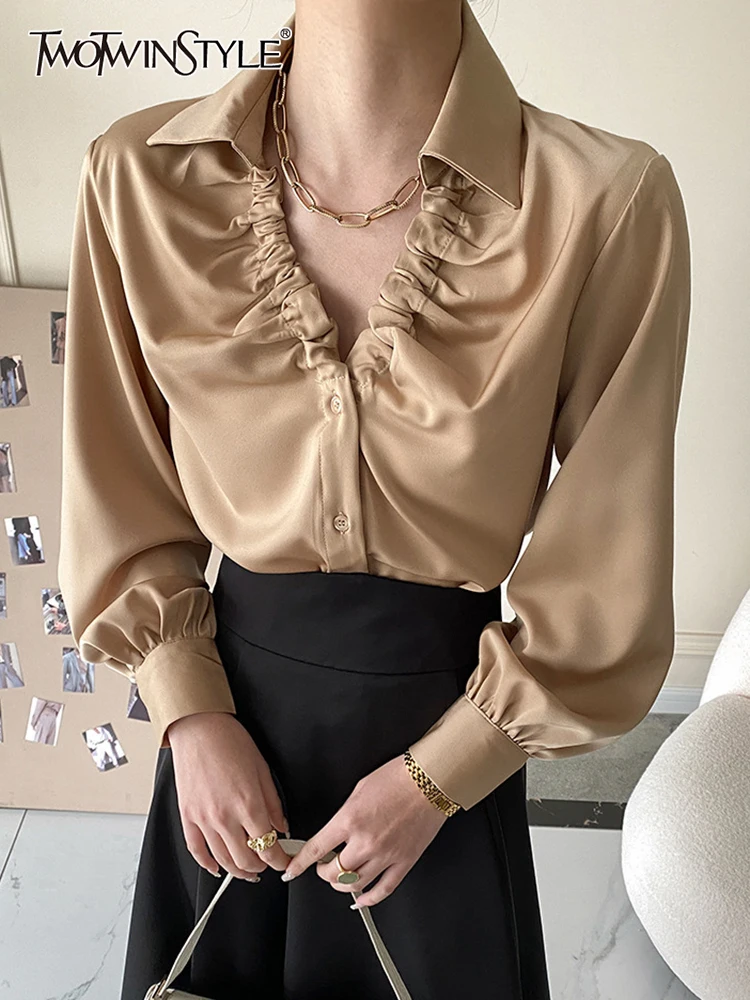 

TWOTWINSTYLE Casual Solid Shirt Female V Neck Long Sleeve Button Through Patchwork Folds Blouses For Women Spring Fashion Style
