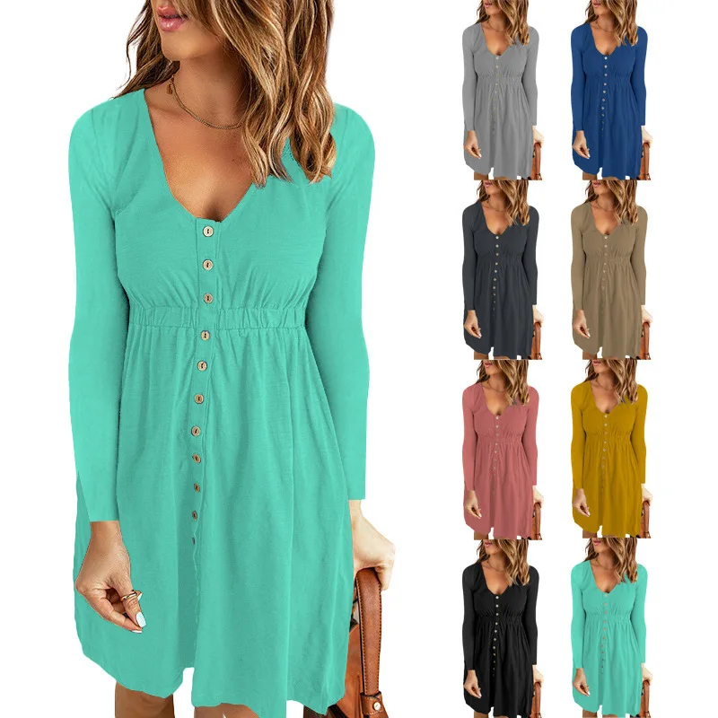 022 European and American women's autumn and winter new solid color jumpsuit sexy V-neck waist long sleeve dress