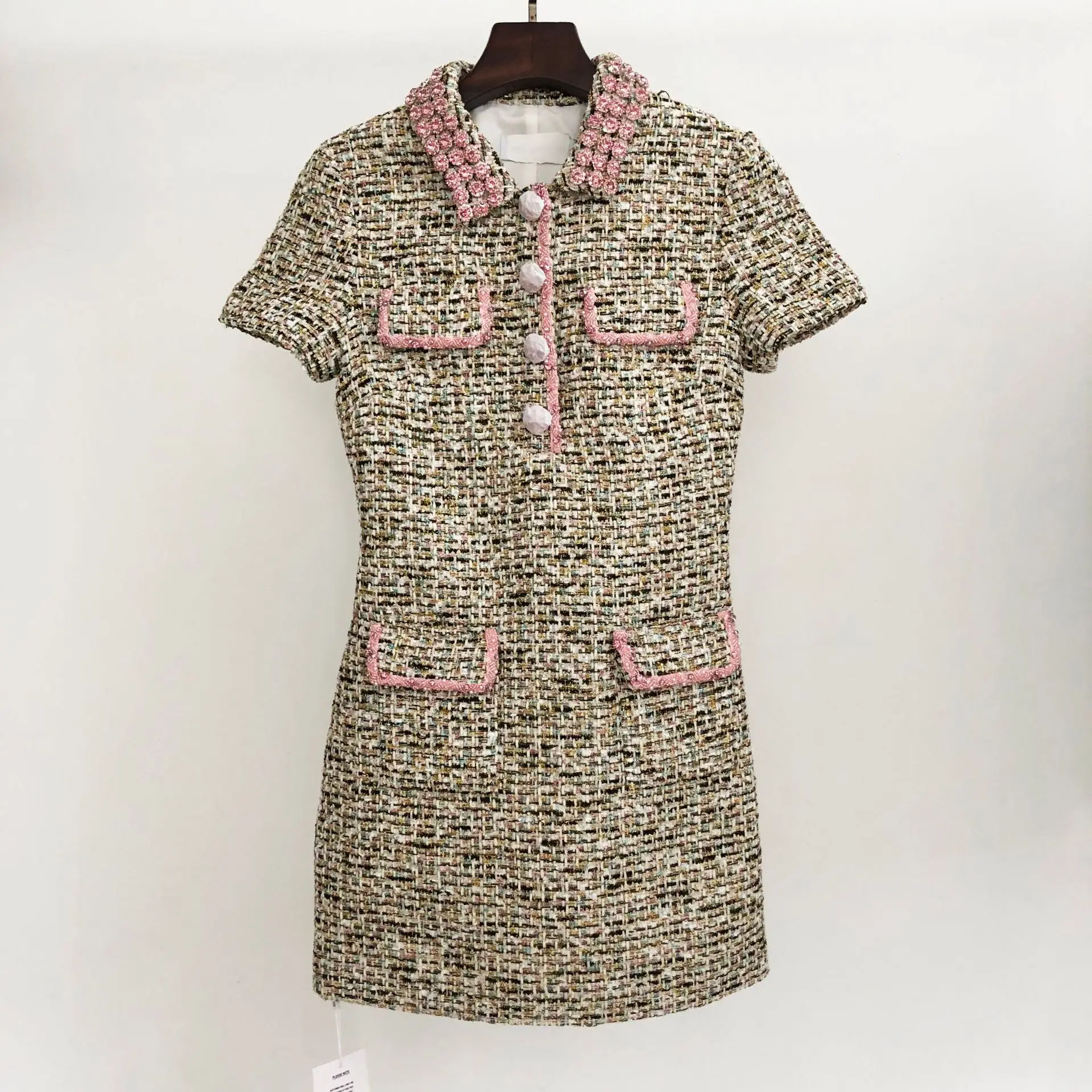 

Women's Mini Dress Beading Splicing Turn-down Collar High Waist Slim Single Breasted Short Sleeve Pockets Robe Sweet