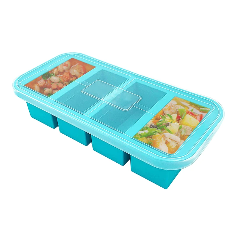 

Силиконовый поднос для морозильной камеры, супа, 4 Кубика, контейнер для замораживания пищи, формы с крышкой, коробка для упаковки замороженных продуктов для кухни, столовой, бара, принадлежности