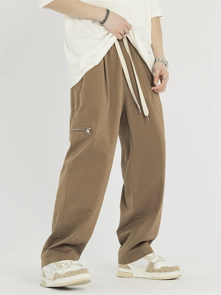 

Spring Summer Men's Cotton Sweatpants Zip Pockets Straight Cargo Pants Steetwear Wide Leg Joggers Male Casual Work Trousers