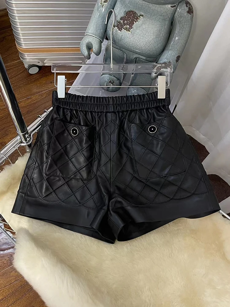 

2022 Women's Genuine Leather Shorts High Waist Elastic A-line Wide-legged Black Short Pants Women