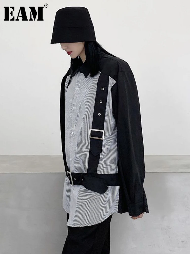 

[EAM] Women Black Striped Buckle Big Size Blouse New Lapel Long Sleeve Loose Fit Shirt Fashion Tide Spring Autumn 2023 1DF1107