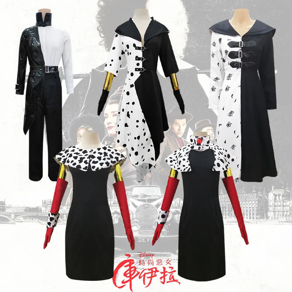 

Костюм для косплея из аниме-фильма 101 далматинцы: серия Cruella De Vil, парик с принтом, сексуальный женский костюм для вечевечерние НКИ на Хэллоуин