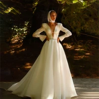 ueteey simple a line wedding dress deep v neck whiteivory satin bridal gown 2022 long sleeve civil bridal gown vestido de noiva