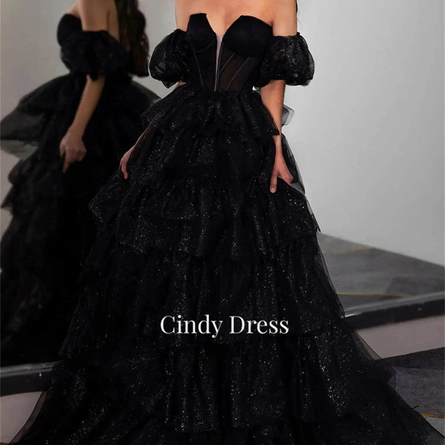 Синди Блестящие черные многослойные пышные элегантные вечерние платья с