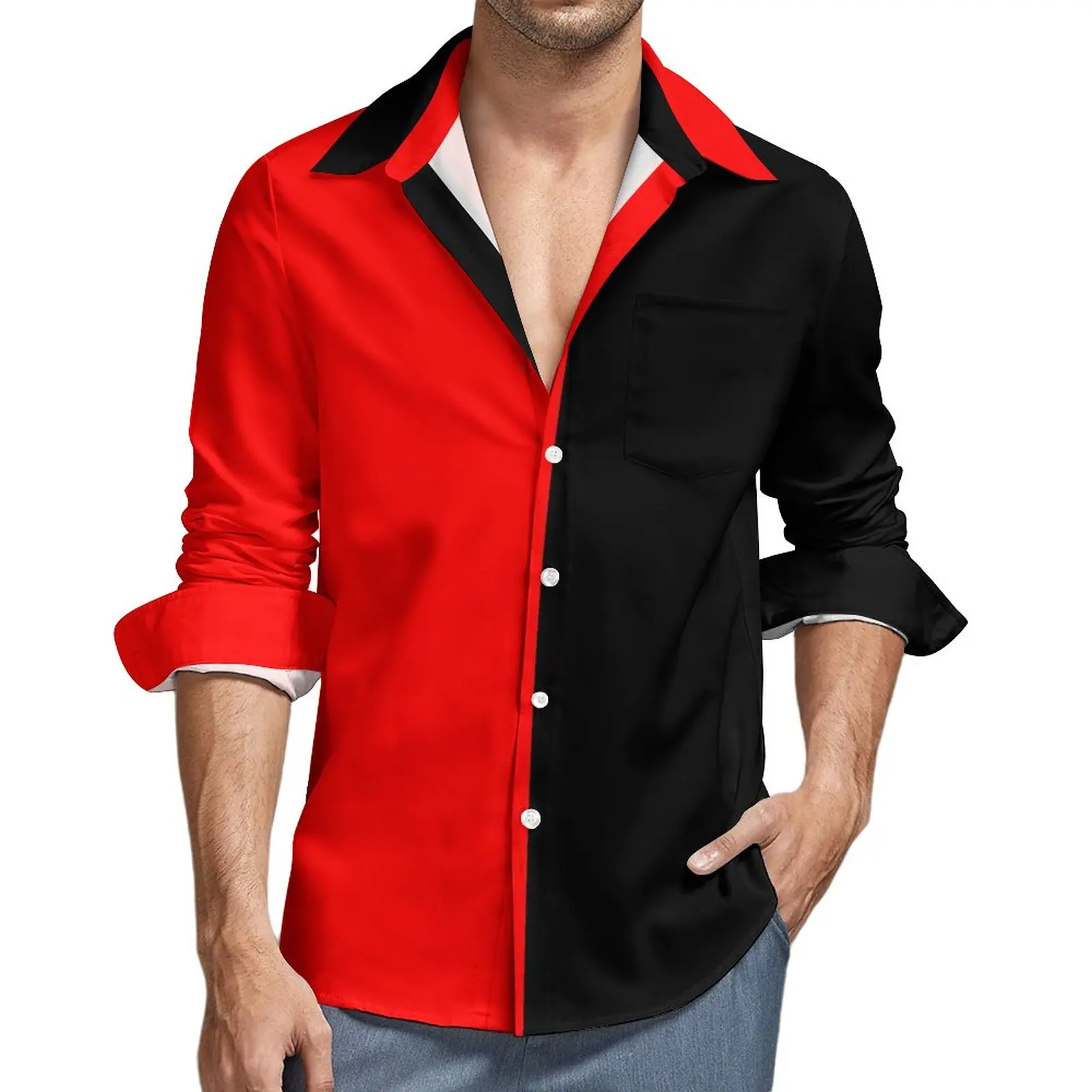 

Two Tone Shirt Red and Black Casual Shirts Long Sleeve Pattern Street Blouses Autumn Novelty Oversized Tops