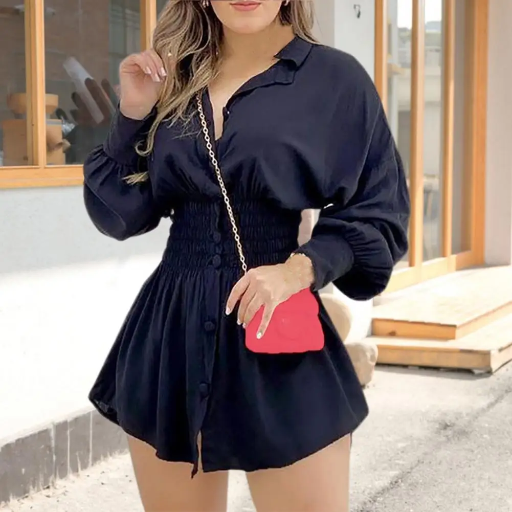 

Turn Down Collar Buttons Placket Trendy Printing Women Shirt Elastic Waist Tight Lantern Long Sleeve Fashion Shirt Female Clothi