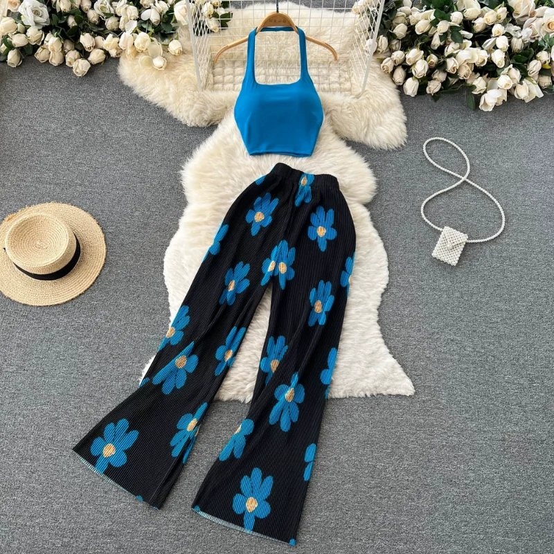 

Y2k Summer Vintage Set Women 2 Pieces Halter Off-shoulder Vest Crop Top Suit+high Waist Slim Chic Print Wide Leg Pant Outfits