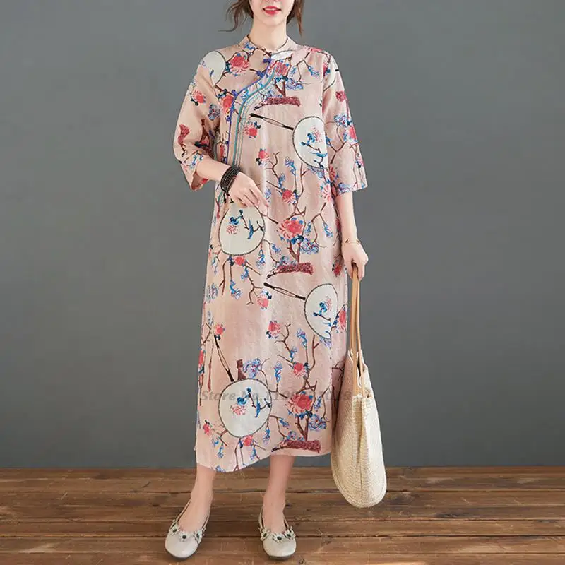 

2022 modern linen cotton qipao chinese traditional dress cheongsam improve qipao elegant long casual stand collar oriental dress