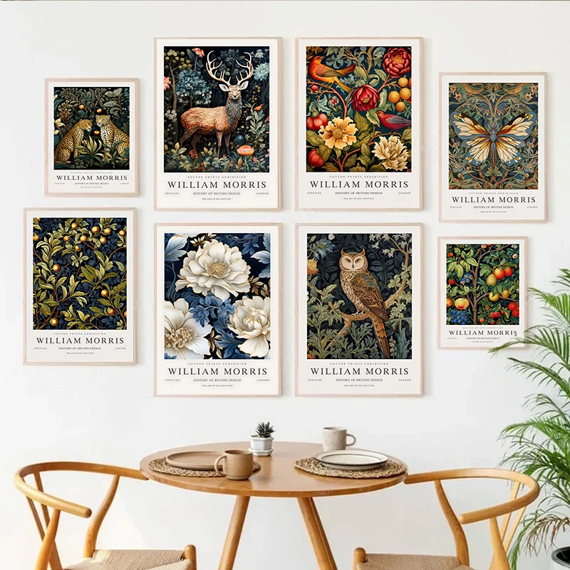 Выставочный плакат Вильям Морриса рисунок на холсте с изображением оленя птицы