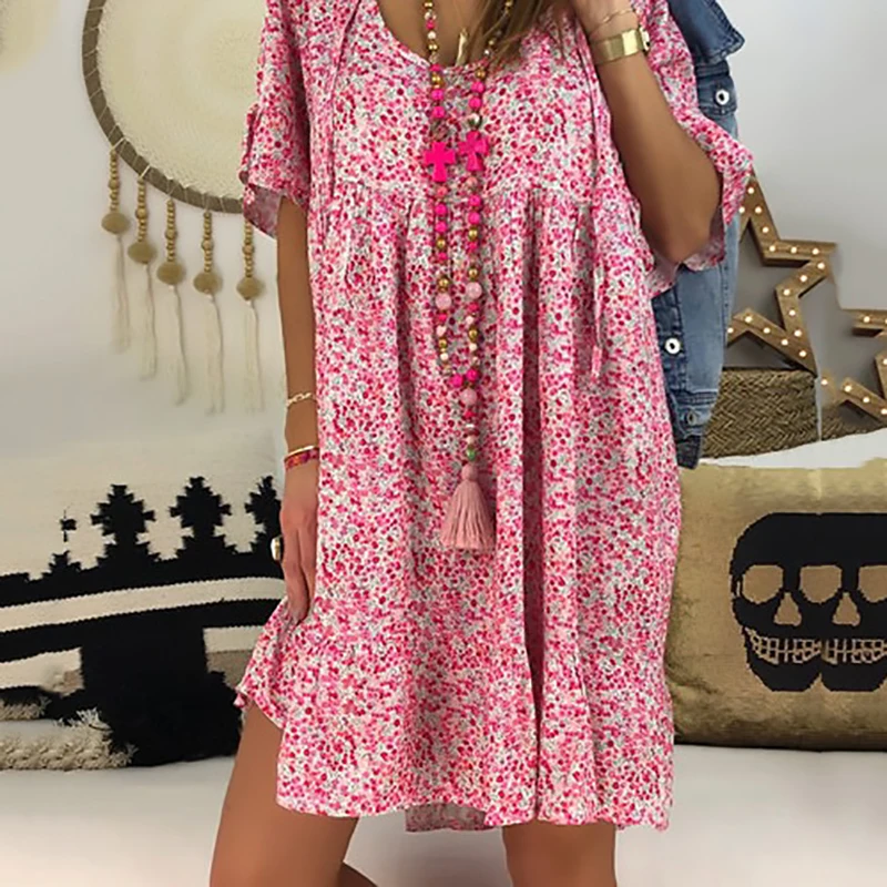 Женское мини-платье с цветочным принтом плиссированное платье средней длины