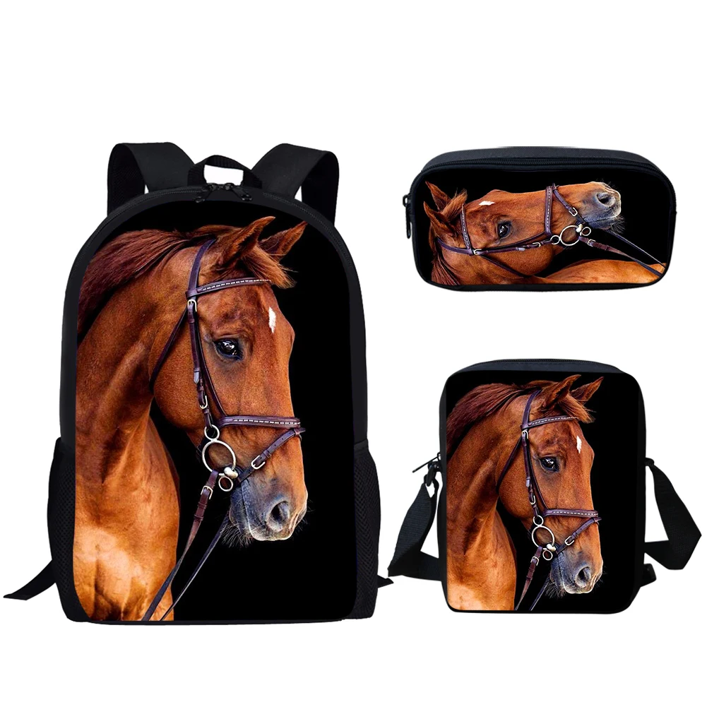 Belidome 3Set School Bags for Teen Boys Girls Print Horse Casual Backpack for Primary Student Back to School Mochila Escolar