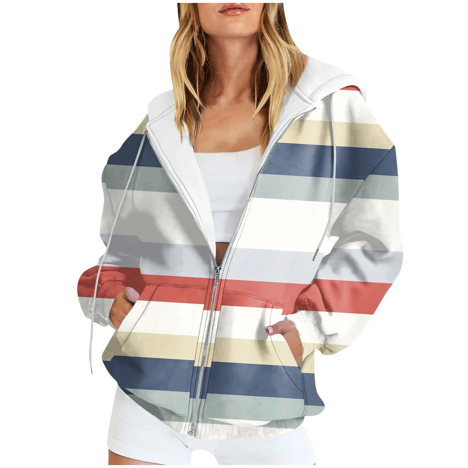 

Fashion Striped Printed Jacket For Women Autumn Casual Hooded Coat Ladies Long Sleeve Hoodies Zipper Sweatshirts Coat