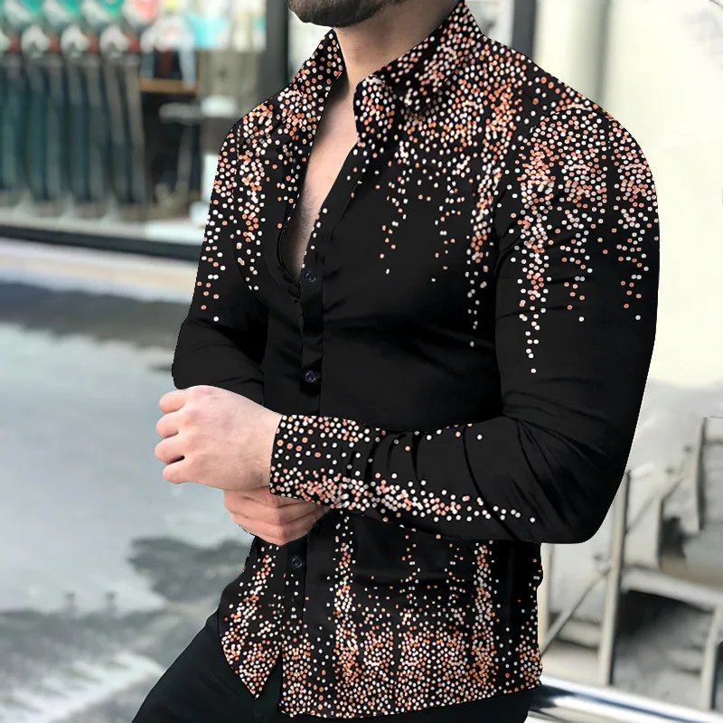 New Hot Sale Men's Long Sleeve Shirt Casual Gradient Polka Dot Print Shirt