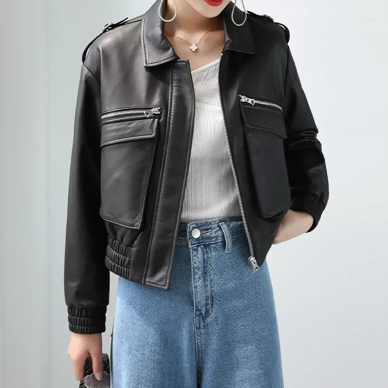 

Free shipping 2022 Autumn PU Faux Leather Jacket Women Motorcycle Biker Winter Female Fashion Turn Down Collar Black Outerwear