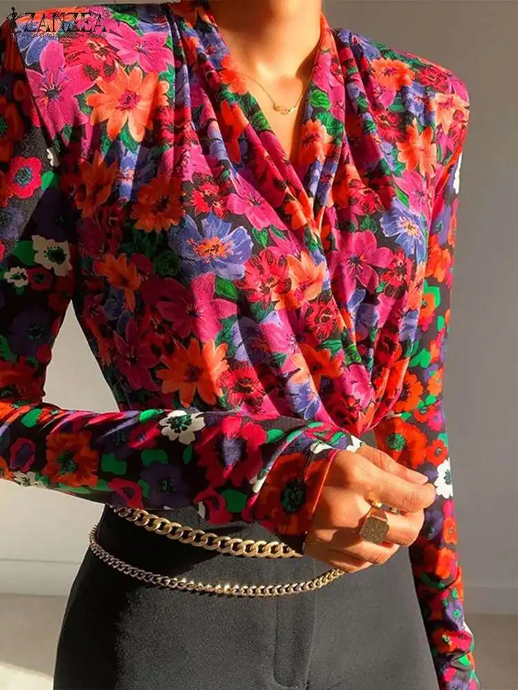 

ZANZEA Women Summer Blouse Long Sleeve V-Neck Holiday Flowers Printed Shirt Fashion Elegant Casual Oversized Holiday Party Tops