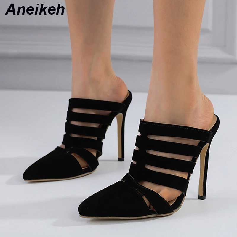 

Aneikeh 2024 Модные Остроносые слипоны, женские туфли-лодочки, тапочки, черные высокие каблуки 11,5 см, Женская Классическая обувь, сандалии на шпильке