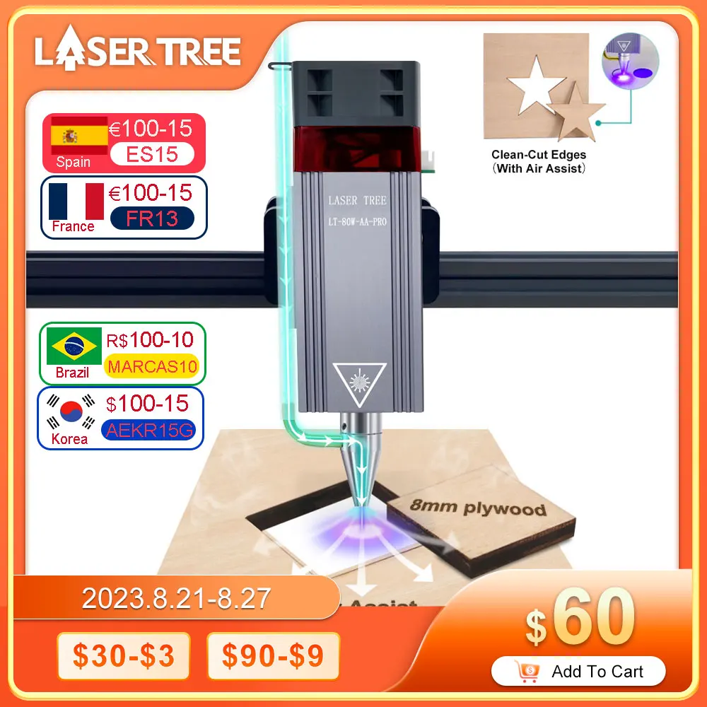 LASER TREE 80W Laser Module with Air Assist 450nm 40W TTL Laser Head for CNC Laser Engraving Cutting Machine Wood Working Tools