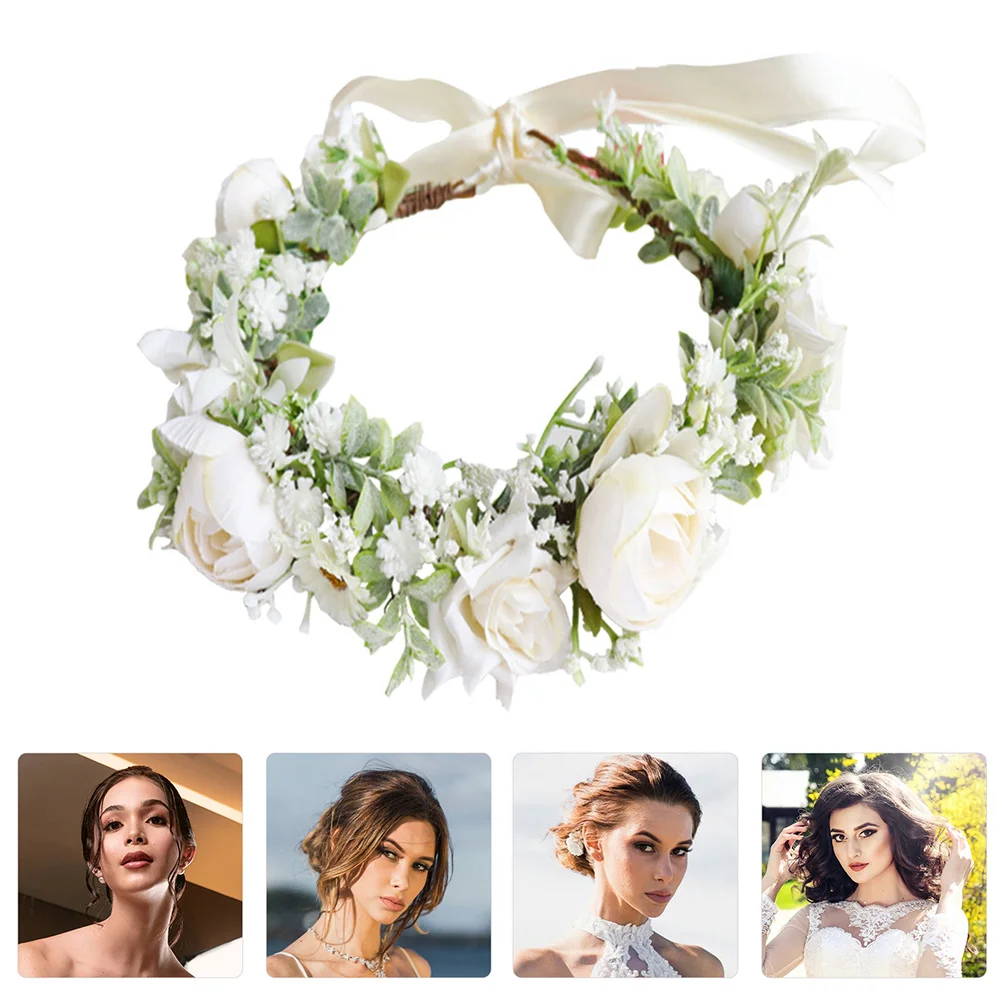 

White Floral Wreath Roses Floral Headwear Bride Wedding Party Flower Wreath Flower Headband Floral Wreath Beaded Headband