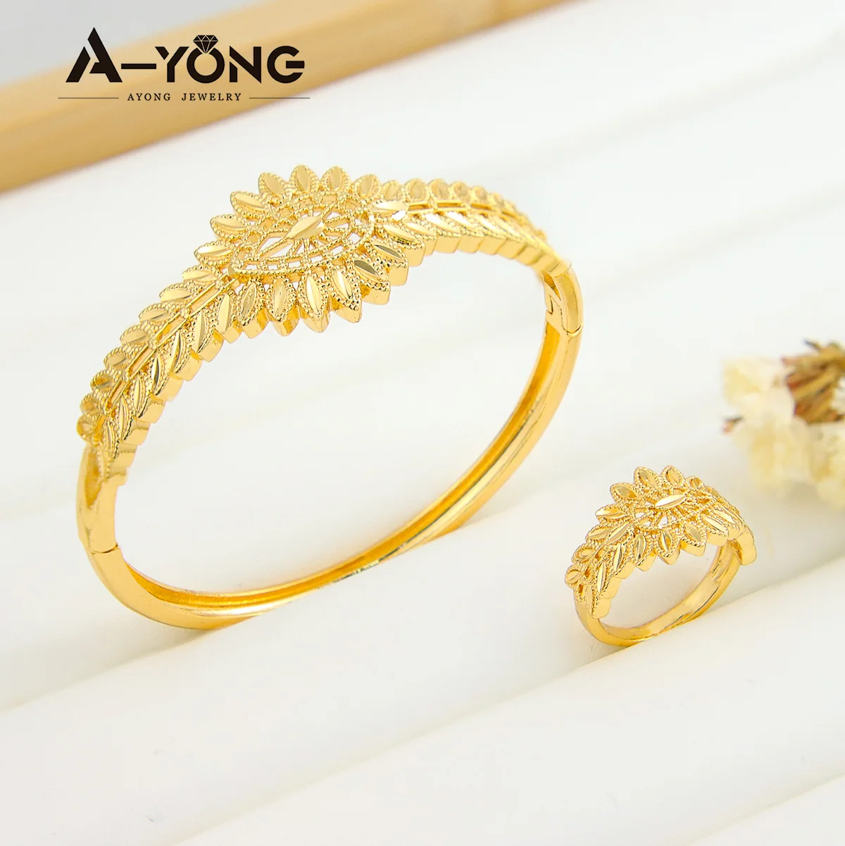 

AYONG Saudi Gold Bracelet Ring Set 21k Gold Plated Trendy Bridal Cuff Bangle Islamic Woman Party Event Accessories Gift