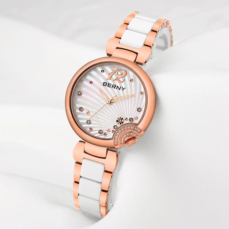 Berny Lady Quartz Watch Woman Ceramic Bracelet Butterfly Buckle Waterproof Stainless Steel Watches Fashion Relogio Feminino Gift