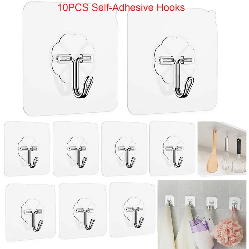 10PCS Self-Adhesive Hooks Door Wall Hooks Heavy Duty Nail Free Sticky Hangers with Stainless Hooks for Kitchen Bathroom 6x6cm