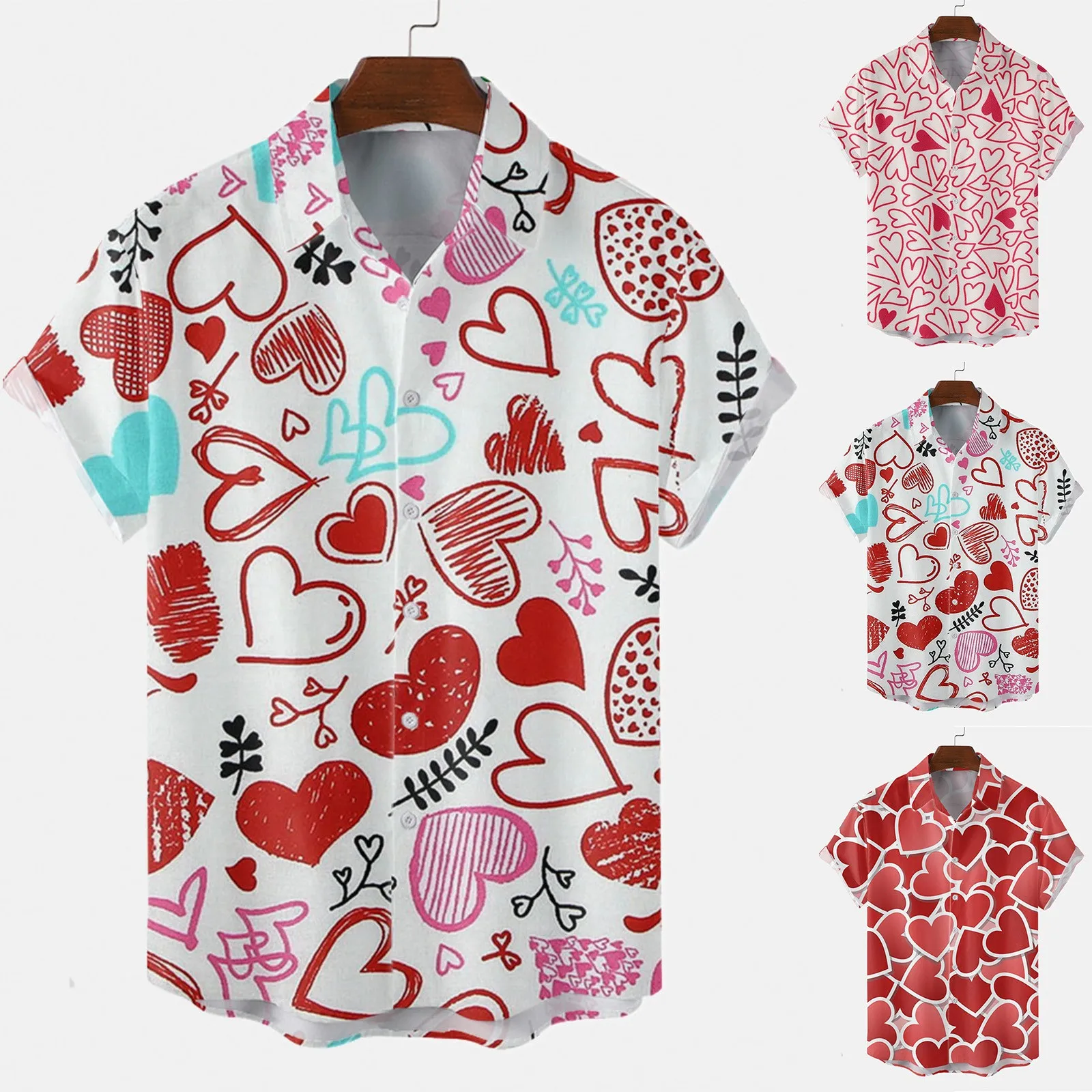 

Long Sleeve Tunic Male Spring And Summer Single Breasted Shirts Casual Lapel Valentine's Day Full Print Button down Shirt Men