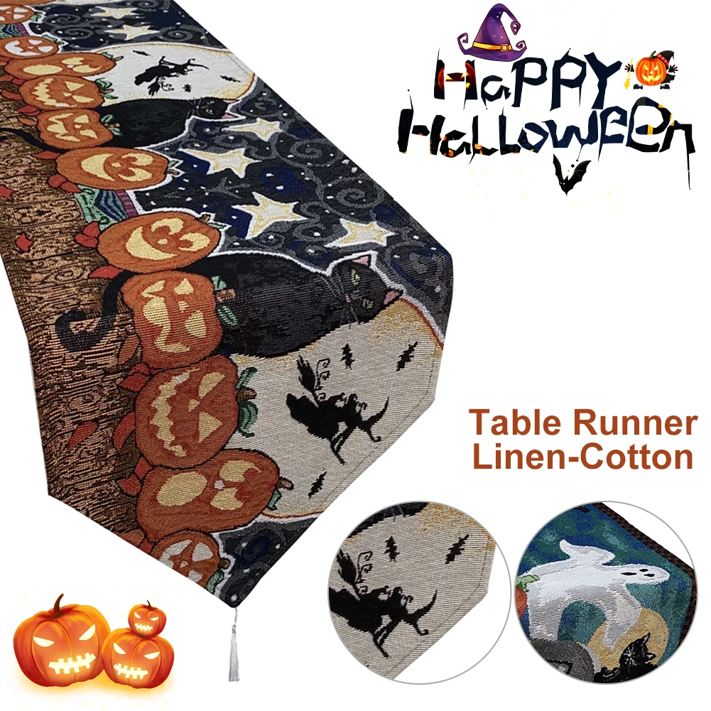 

Halloween Table Runner Cotton Dining Table Runner Pumpkin Ghost Party Decoration Table Runner Anti stain For Home Decoration