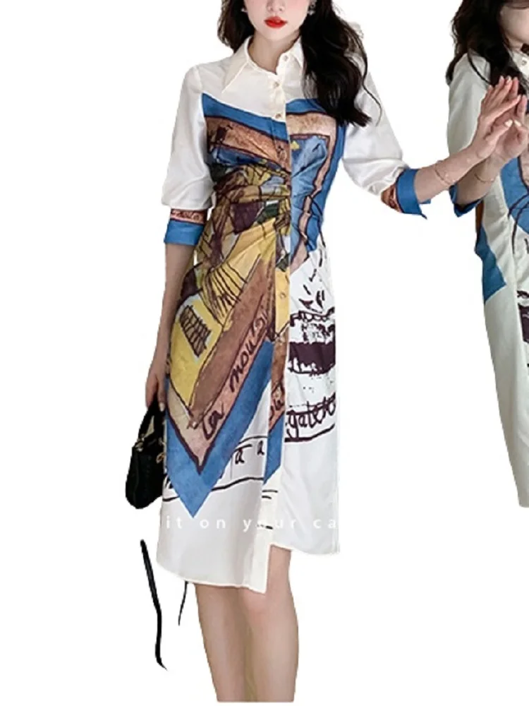 

PERHAPS U Elegant Stain Irregular Print Spliced Draped Pleated Single Breasted Asymmetrical Knee Long Dress Shirt Skirt D3120