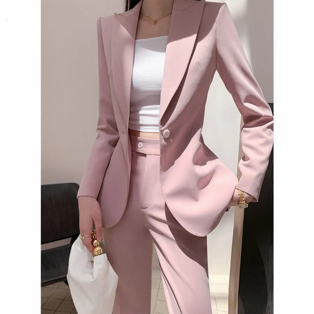 2023 Spring Fashion Women 2 Pieces Blazer Set Lapel Long Sleeve Single Button Suit Jackets & Straight Trousers Female Pant Suits