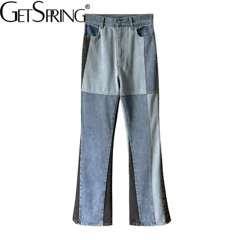 

GetSpring Women Jeans Irregular Color Matching High Waist Straight Jeans Retro Loose Leisure Long Denim Pants Spring 2022 New