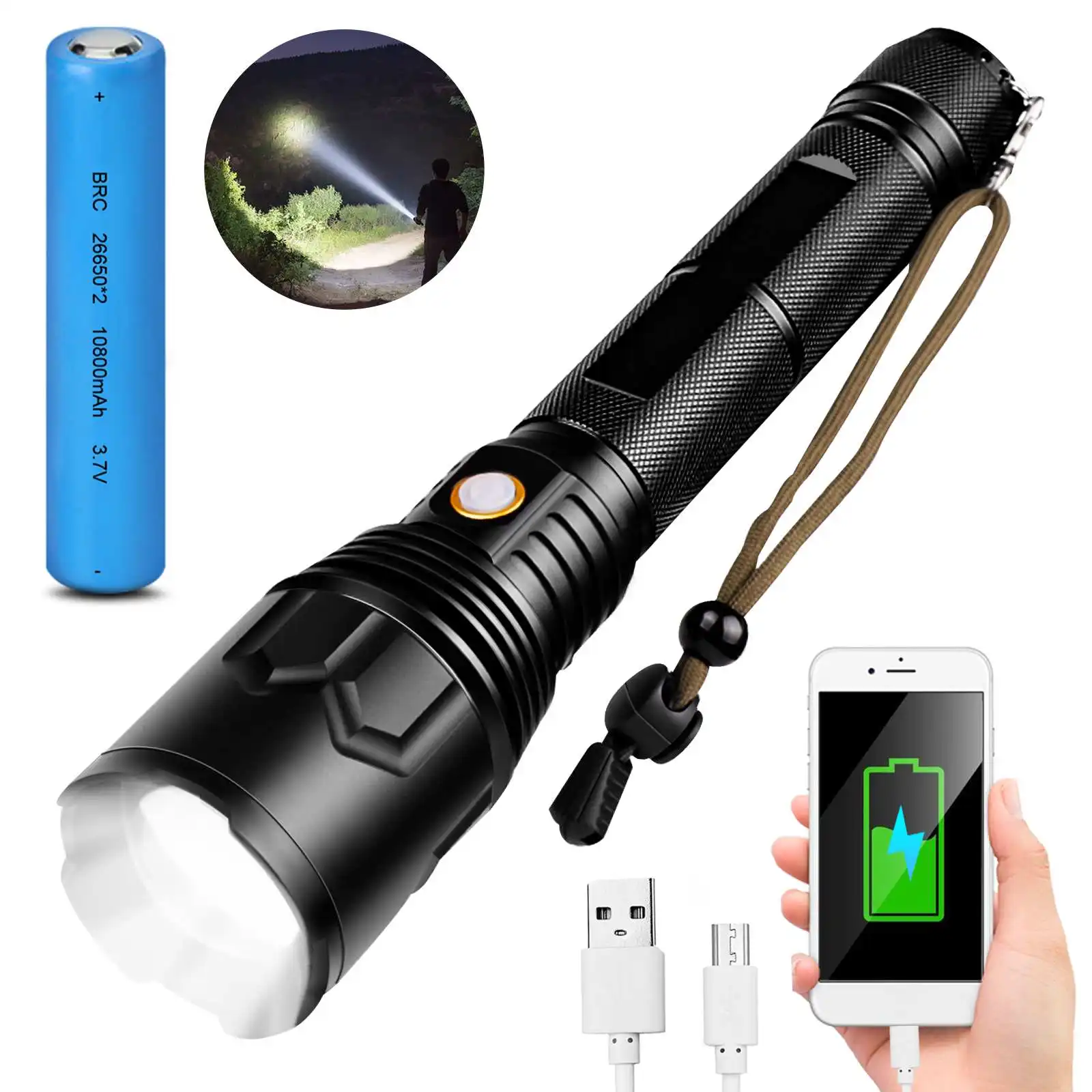 

900000 LM Powerful XHP70.2 LED Flashlight 26650 Tactical Torch Light Rechargeable USB Flash Light Hunting Waterproof Lantern