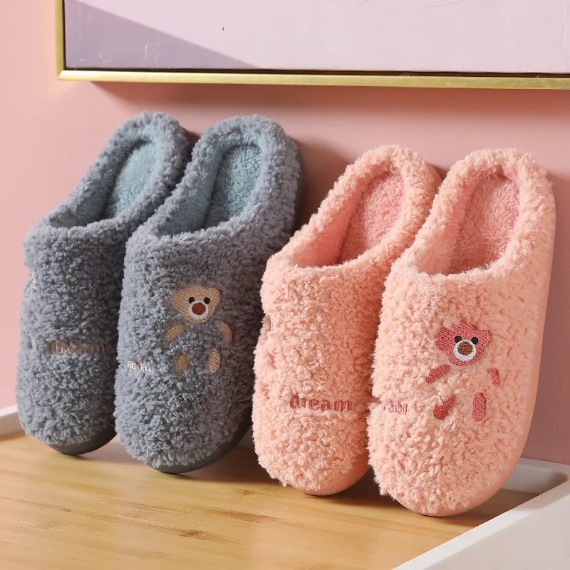 

Теплые хлопковые тапочки, Нескользящие домашние тапочки с мультяшным медведем для пар, плюшевые, Осень-зима